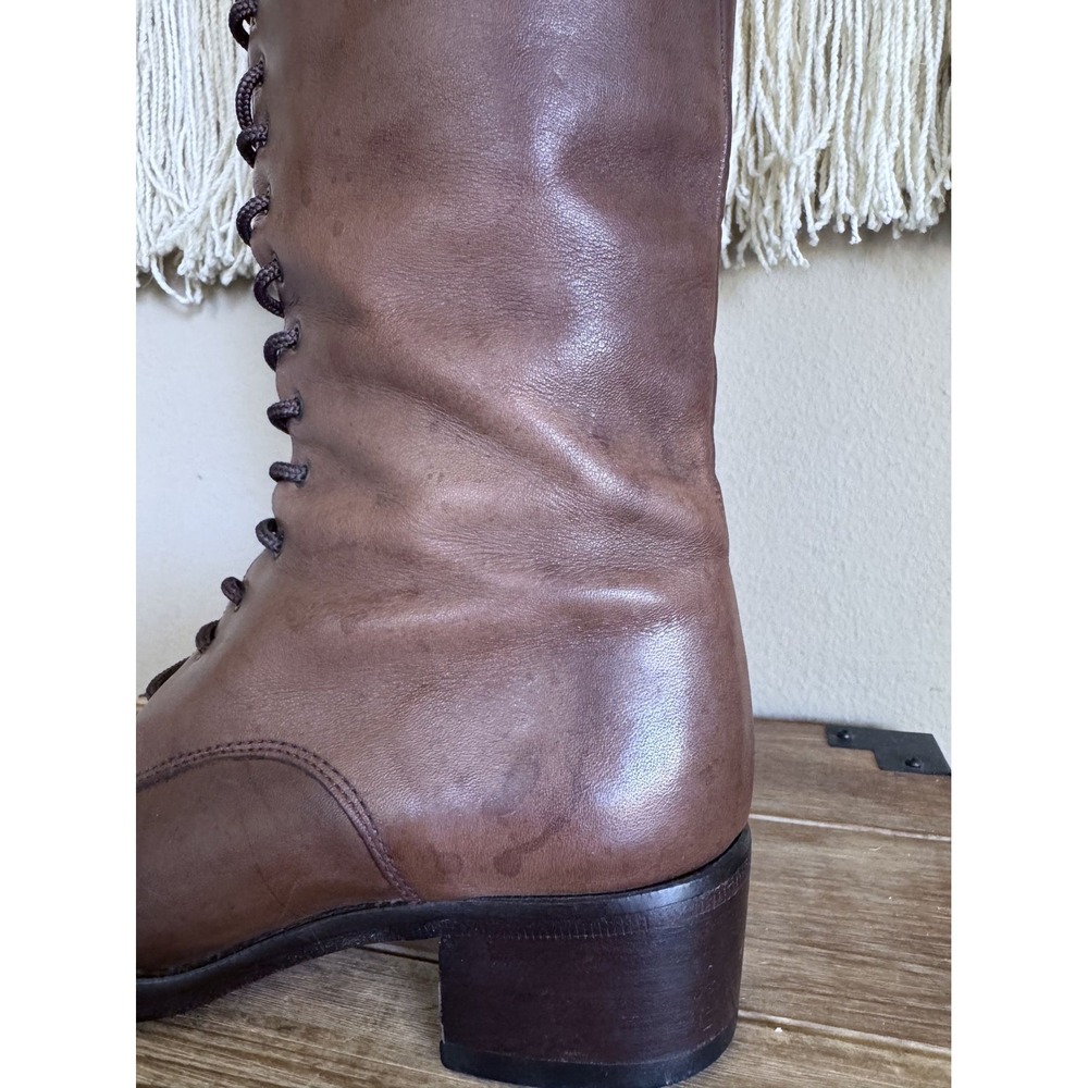 90s Vintage Charles David Brown Leather Lace Up Knee High Riding Boots Size 8 - Picture 7 of 16